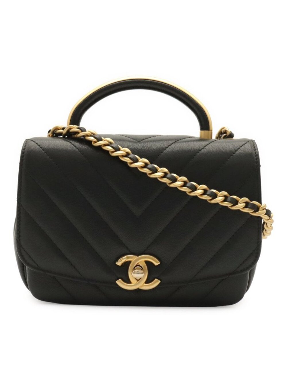 Chanel V-stitch CC Logo Top Handle 2-Way Chain Shoulder Bag Black Gold